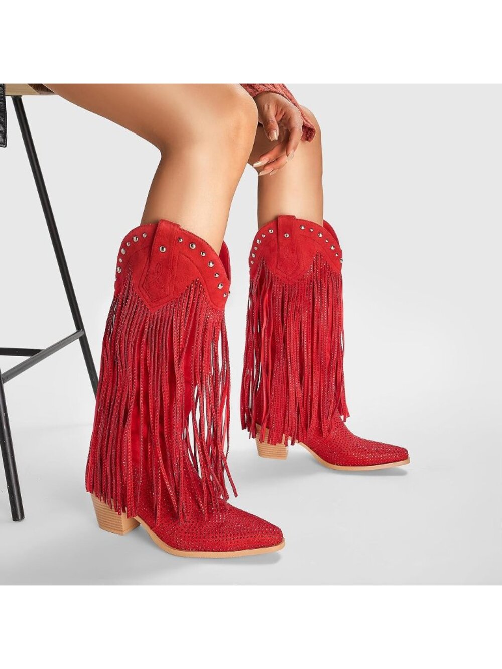 Women's Red Rhinestone Fringe Cowgirl Boots Sparkly Western Pointed Toe Pull On - Picture 2 of 6